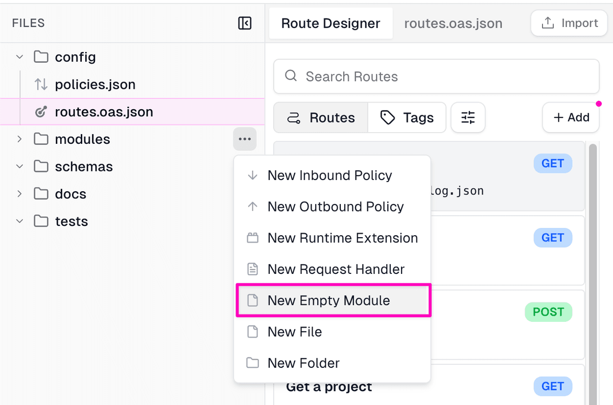 The Files panel three-dot menu next to the modules folder open, with New Empty Module highlighted.