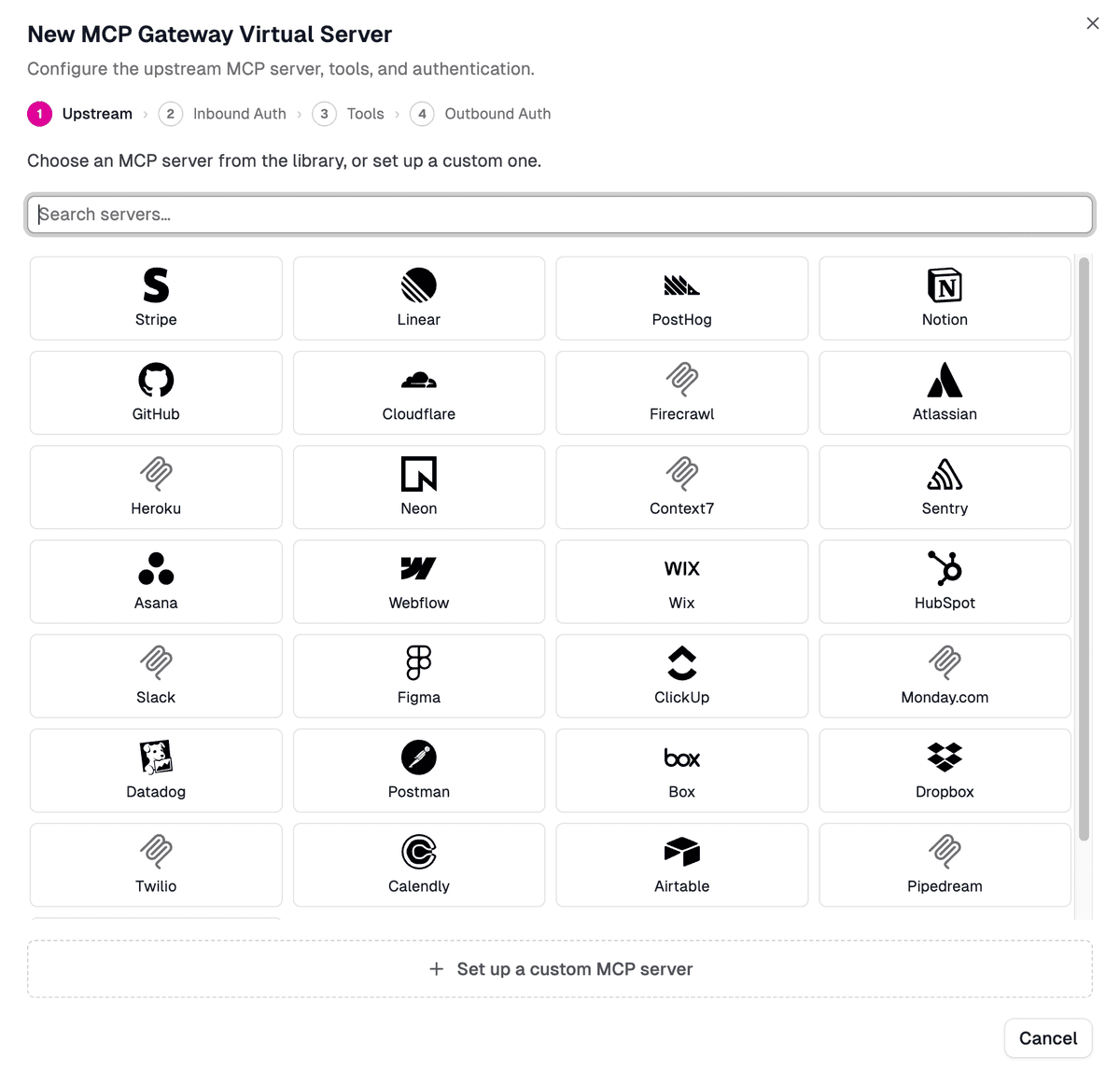 Step 1 of the New MCP Gateway Virtual Server wizard, choosing an upstream from the curated library. The grid shows Stripe, Linear, PostHog, Notion, GitHub, Cloudflare, Firecrawl, Atlassian, Slack, Figma, Datadog, Postman, and more, with a search box and a button to set up a custom MCP server.