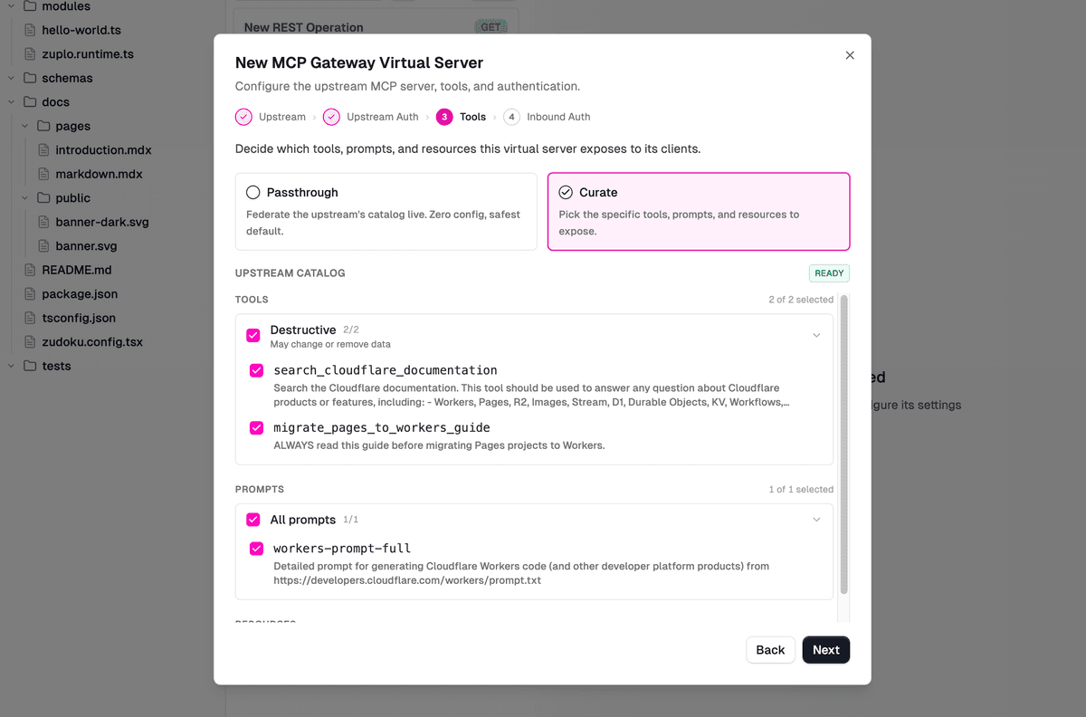 New MCP Gateway Virtual Server wizard at step 3 of 4, Tools. Curate is selected over Passthrough, exposing two destructive tools from the Cloudflare upstream (search_cloudflare_documentation and migrate_pages_to_workers_guide) and one prompt (workers-prompt-full). Each capability has a checkbox so the operator decides exactly what the virtual server exposes.