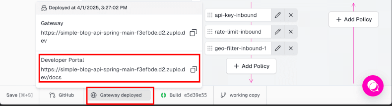 Developer portal link