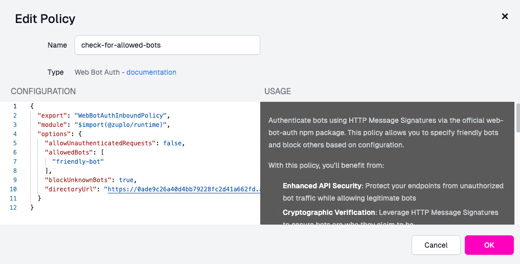 The Web Bot Auth Policy setup