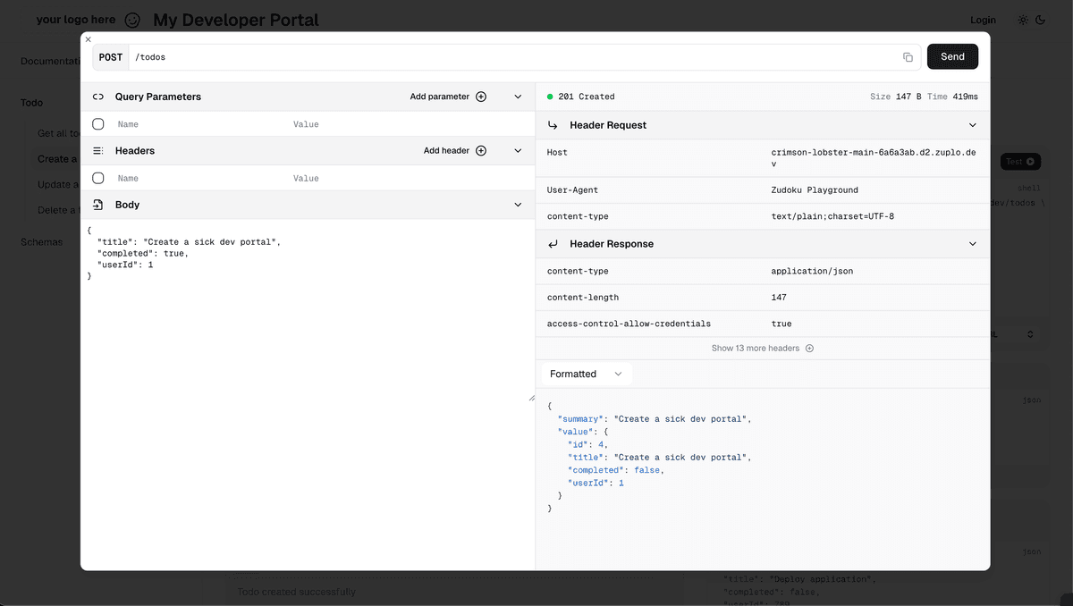 The API Playground in the Zuplo Developer Portal