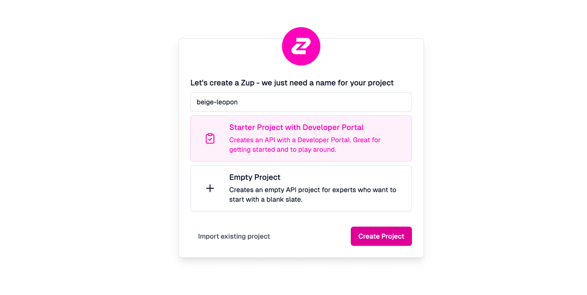 The project picker in Zuplo with an example option
