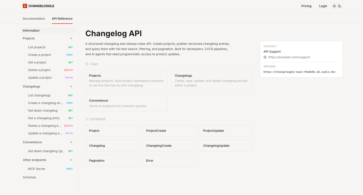 The Changeloggle developer portal showing the API reference with all endpoints