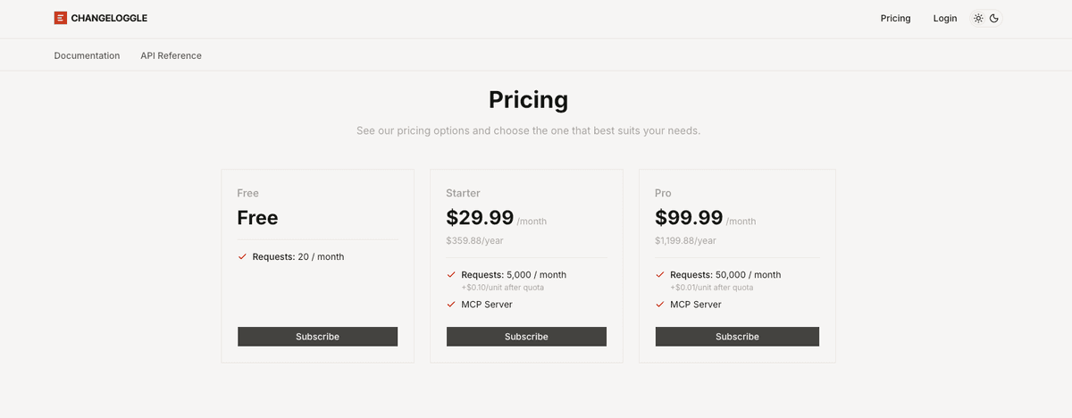 The Changeloggle pricing page with Free, Starter, and Pro plans