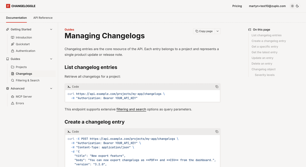 The finished Changeloggle developer portal with custom branding, generated documentation covering changelogs, projects, authentication, and more