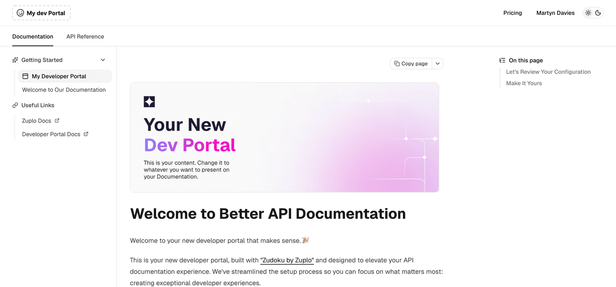 The default developer portal with placeholder documentation and generic "My dev Portal" branding
