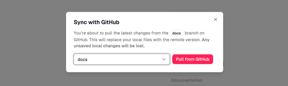 The Sync with GitHub dialog showing the docs branch selected, ready to pull changes into the working copy