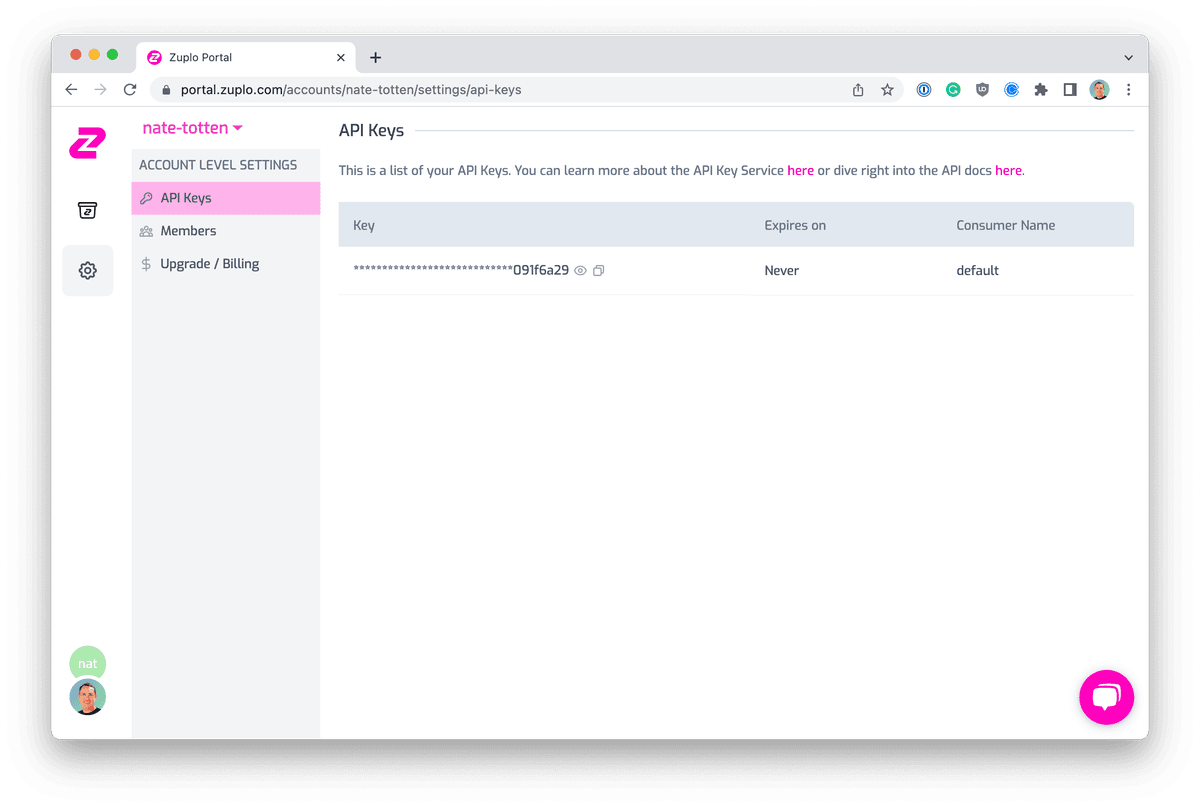 Zuplo account API key screen