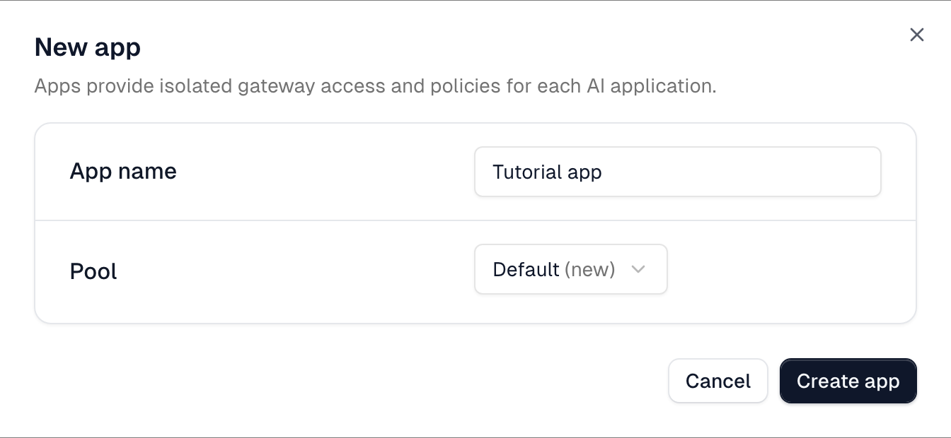 New app dialog with an app name and the Default pool