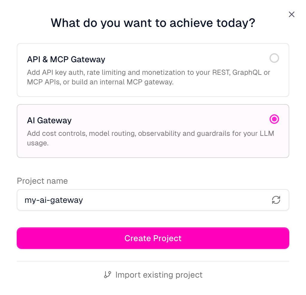 New project dialog with AI Gateway selected