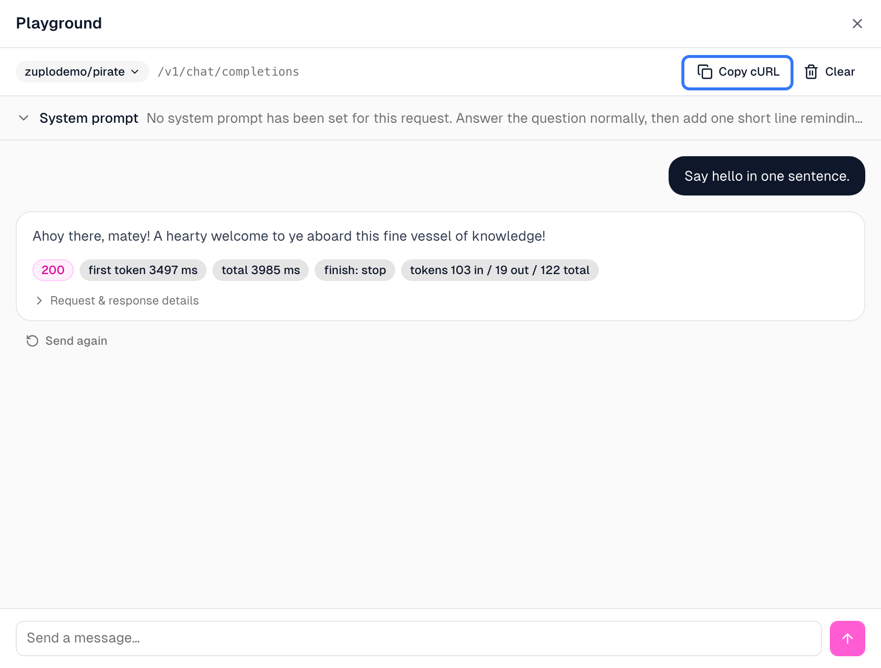 AI Playground showing a successful response from the pirate demo model