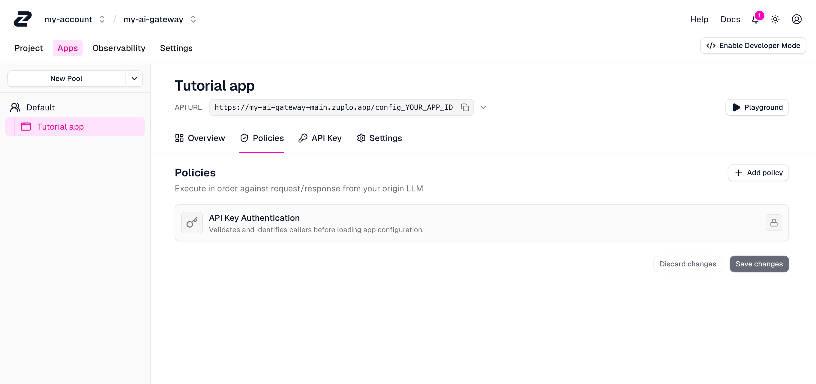App policy chain with inherited API Key Authentication