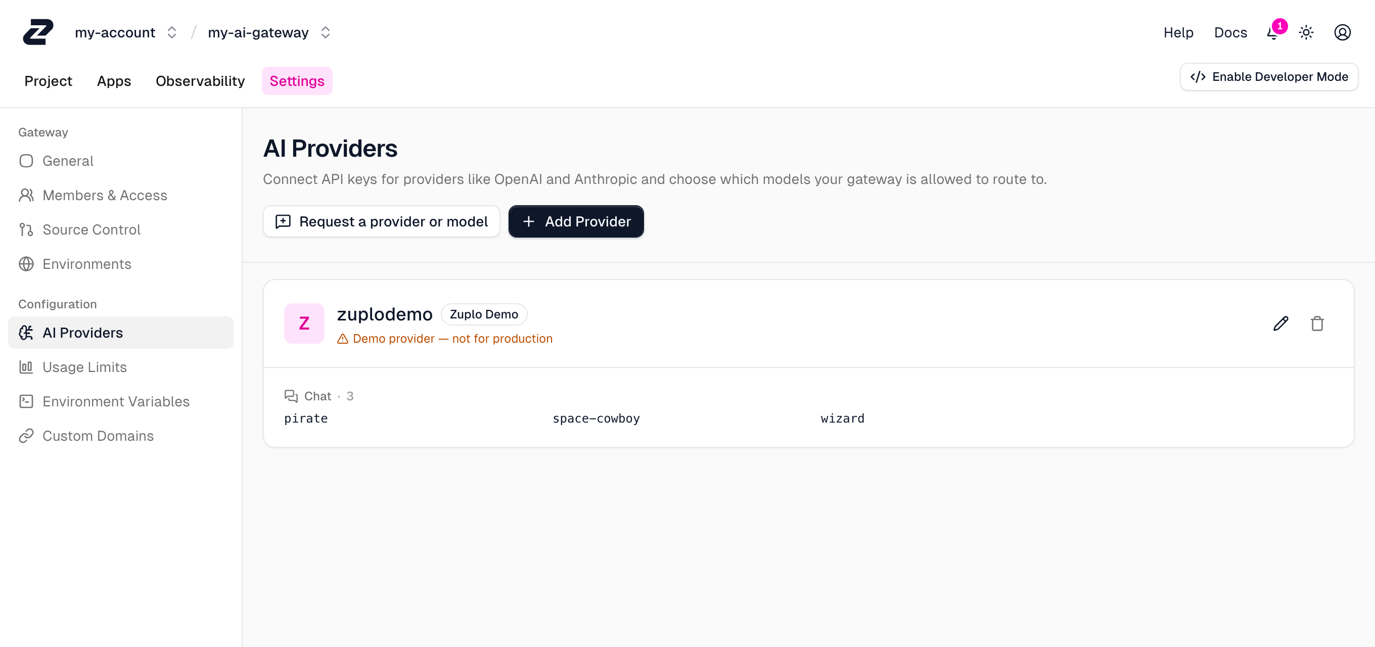AI provider settings with the Zuplo Demo provider