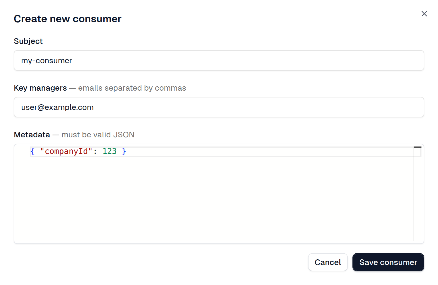 Create an API consumer with a subject and key manager email