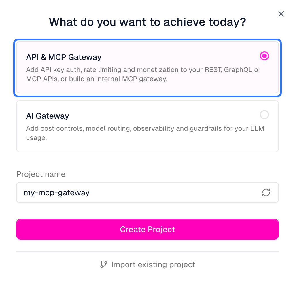 New Zuplo project dialog with API & MCP Gateway selected